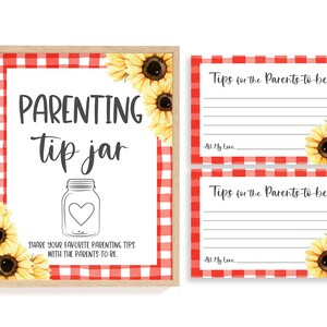 May include: A red and white gingham patterned sign with a mason jar and sunflowers. The sign says "Parenting tip jar" and "Share your favorite parenting tips with the parents-to-be". Two smaller signs with the same gingham pattern and sunflowers say "Tips for the parents-to-be".