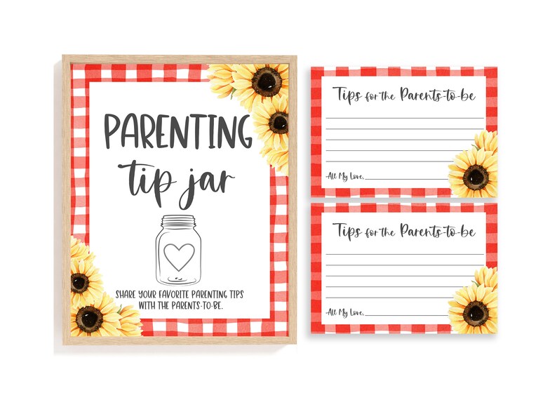 May include: A red and white gingham patterned sign with a mason jar and sunflowers. The sign says "Parenting tip jar" and "Share your favorite parenting tips with the parents-to-be". Two smaller signs with the same gingham pattern and sunflowers say "Tips for the parents-to-be".