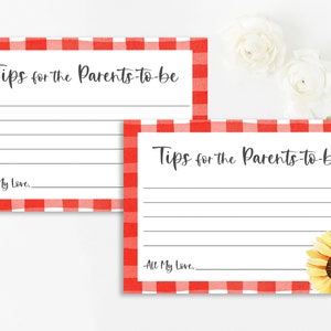 May include: Two red and white gingham patterned cards with the text "Tips for the Parents-to-be" and "All My Love..."  The second card has a sunflower illustration.