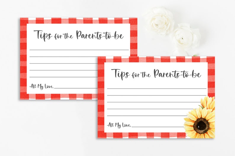 May include: Two red and white gingham patterned cards with the text "Tips for the Parents-to-be" and "All My Love..."  The second card has a sunflower illustration.