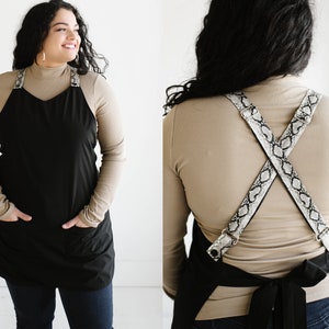 Apron with cross back vegan leather straps, perfect apron for hairstylists, makeup artists, baristas, florists and more!