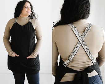 Apron with cross back vegan leather straps, for hairstylists, makeup artists, baristas, florists and more!