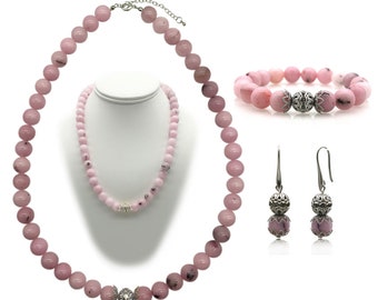 Wedding Jewellery, Natural 10mm Cherry Blossom Jasper Gemstone, Necklace, Bracelet & Earring Set, Bride, Mother of the Bride, Gift, Pink
