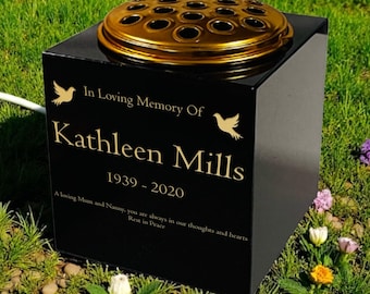 Personalised Granite Memorial Vase- Premium Black Granite – Dove Design - Free Gold Engraving – Removable Metal Flower Insert – 3 Sizes