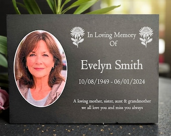 Photo Slate Memorial Plaque, Chrysanthemum, Add a Portrait & Personalised Text | 35×25cm (14×10”)