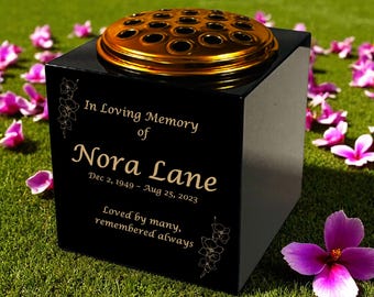 Personalised Granite Memorial Vase- Premium Black Granite – Orchid 1 Design -Free Gold Engraving – Removable Metal Flower Insert – 3 Sizes