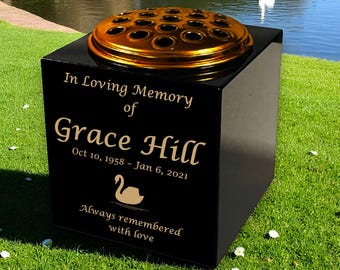 Personalised Granite Memorial Vase- Premium Black Granite – Swan 2 Design -Free Gold Engraving – Removable Metal Flower Insert – 3 Sizes
