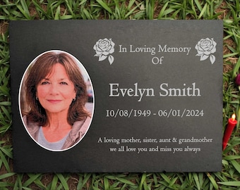 Photo Slate Memorial Plaque with Roses, Add a Portrait & Personalised Text | 35 × 25cm (14×10”)