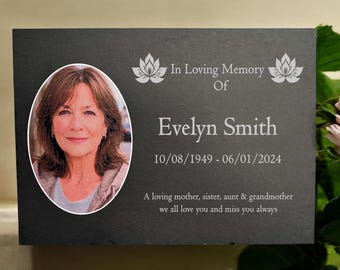 Photo Slate Memorial Plaque, Lotus, Add a Portrait & Personalised Text | 35×25cm (14×10”)