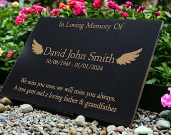 Granite Memorial Plaque, Grave Marker, Crematorium, Garden, Laser Engraved, Personalised, Angel Wings, Customised