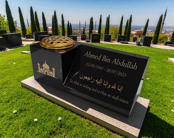 Personalised Granite Vase & Plaque Combination – Islam 2 Design – Free Gold Engraving – Removable Metal Flower Insert