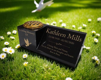 Personalised Granite Vase & Plaque Combination – Dove Design – Free Gold Engraving – Removable Metal Flower Insert