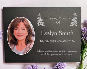 Photo Slate Memorial Plaque, Peony,  Add a Portrait & Personalised Text | 35×25cm (14×10”)