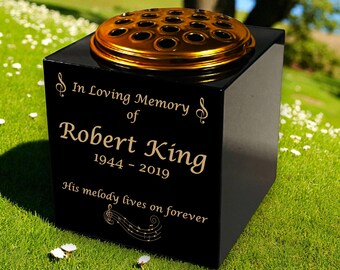 Personalised Granite Memorial Vase- Premium Black Granite – Musical Notes -Free Gold Engraving – Removable Metal Flower Insert – 3 Sizes