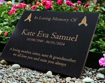 Granite Memorial Plaque, Grave Marker, Crematorium, Garden, Laser Engraved, Personalised, Praying, Praying Hands Customised
