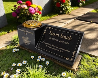 Personalised Granite Vase & Plaque Combination – Floral Design – Free Gold Engraving – Removable Metal Flower Insert