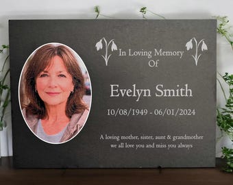 Photo Slate Memorial Plaque, Snowdrop, Add a Portrait & Personalised Text | 35×25cm (14×10”)
