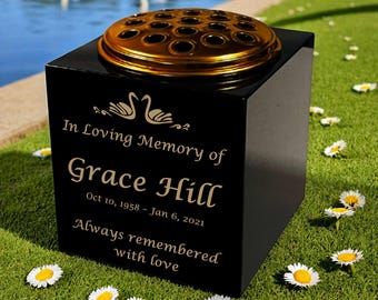 Personalised Granite Memorial Vase- Premium Black Granite – Swan 1 Design -Free Gold Engraving – Removable Metal Flower Insert – 3 Sizes