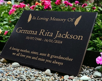 Granite Memorial Plaque, Grave Marker, Crematorium, Garden, Laser Engraved, Personalised, Feather, Customised
