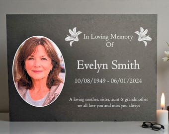 Photo Slate Memorial Plaque, Lilies, Add a Portrait & Personalised Text | 35×25cm (14×10”)