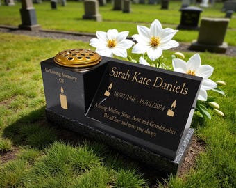 Personalised Granite Vase & Plaque Combination – Candle Design – Free Gold Engraving – Removable Metal Flower Insert