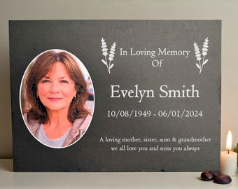 Photo Slate Memorial Plaque,  Lavender, Add a Portrait & Personalised Text | 35×25cm (14×10”)