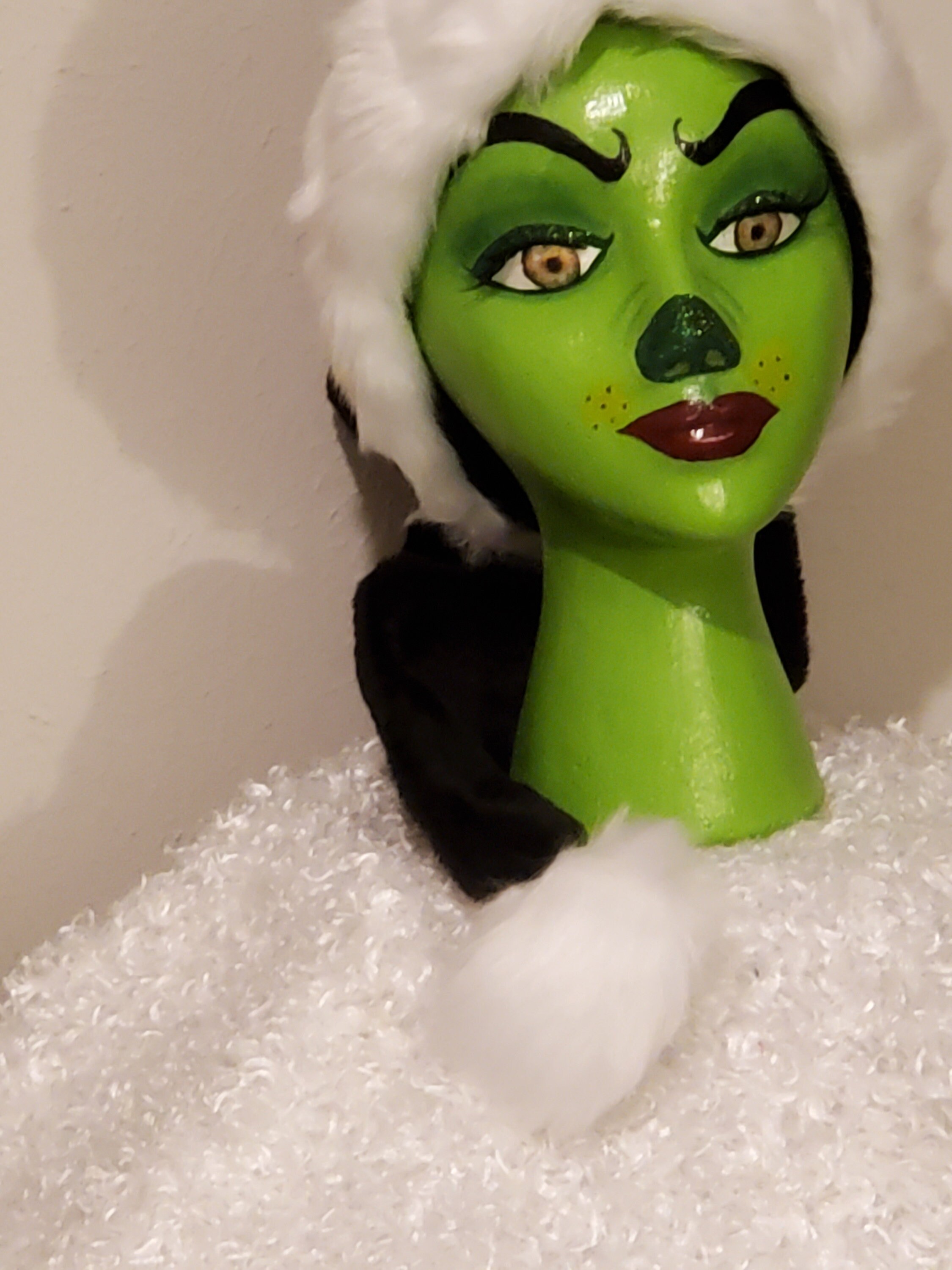 Hand painted Christmas mannequin head with black Santa hat. Etsy