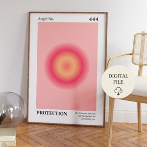 May include: A pink and yellow gradient circle with the text "Angel No. 444" and "PROTECTION" at the top and bottom of the image. The text "The Universe and your spiritual guides are protecting you." is below the circle.
