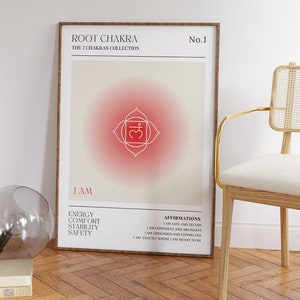 Gradient Aura Red Root Chakra Affirmations Digital Print, Spiritual Manifestation Chakras Mantras Poster, Kundalini Yoga Gift Wall Art