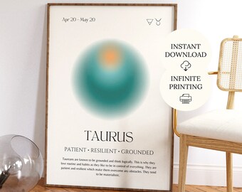 Cartel de regalo de signo del zodiaco de Tauro, arte de pared de aura de gradiente de Tauro, decoración de la habitación del dormitorio del signo del zodiaco, regalo de cumpleaños de Tauro, impresión de signo de estrella de Tauro