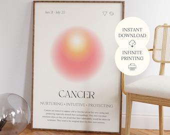 Cartel de regalo del signo del zodiaco del cáncer, arte de la pared del cáncer del aura del gradiente, decoración de la habitación del dormitorio del signo del zodiaco, regalo de cumpleaños del cáncer, impresión del cáncer del signo de la estrella