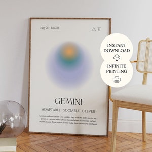 Gemini Zodiac Sign Gift Poster, Gradient Aura Gemini Wall Art, Zodiac sign dorm room decor, Gemini Birthday Gift, Star Sign Gemini Print