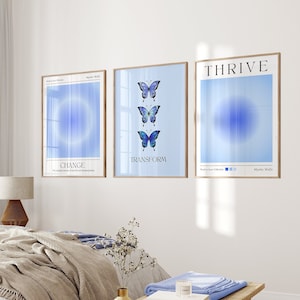 Positive Aura Set of 3 Posters, Blue Affirmation Print, Gradient Butterfly Wall Art, Mental Health Gift, Trendy College Dorm Decor for Girls