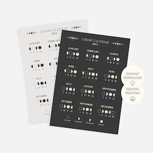 Peut inclure: Un calendrier lunaire imprimable pour 2024 avec des illustrations en noir et blanc des phases de la lune. Le calendrier est conçu avec une esthétique moderne et comprend les dates de la nouvelle lune, du premier quartier, de la pleine lune et du dernier quartier.