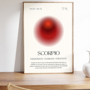 Puede incluir: Un p&oacute;ster imprimible minimalista con un c&iacute;rculo degradado rojo y el texto "SCORPIO" en negro. El texto "PASSIONATE - FEARLESS - STRATEGIC" est&aacute; debajo del c&iacute;rculo. El texto "Oct 23 - Nov 21" y el s&iacute;mbolo astrol&oacute;gico de Escorpio est&aacute;n en la esquina superior derecha.