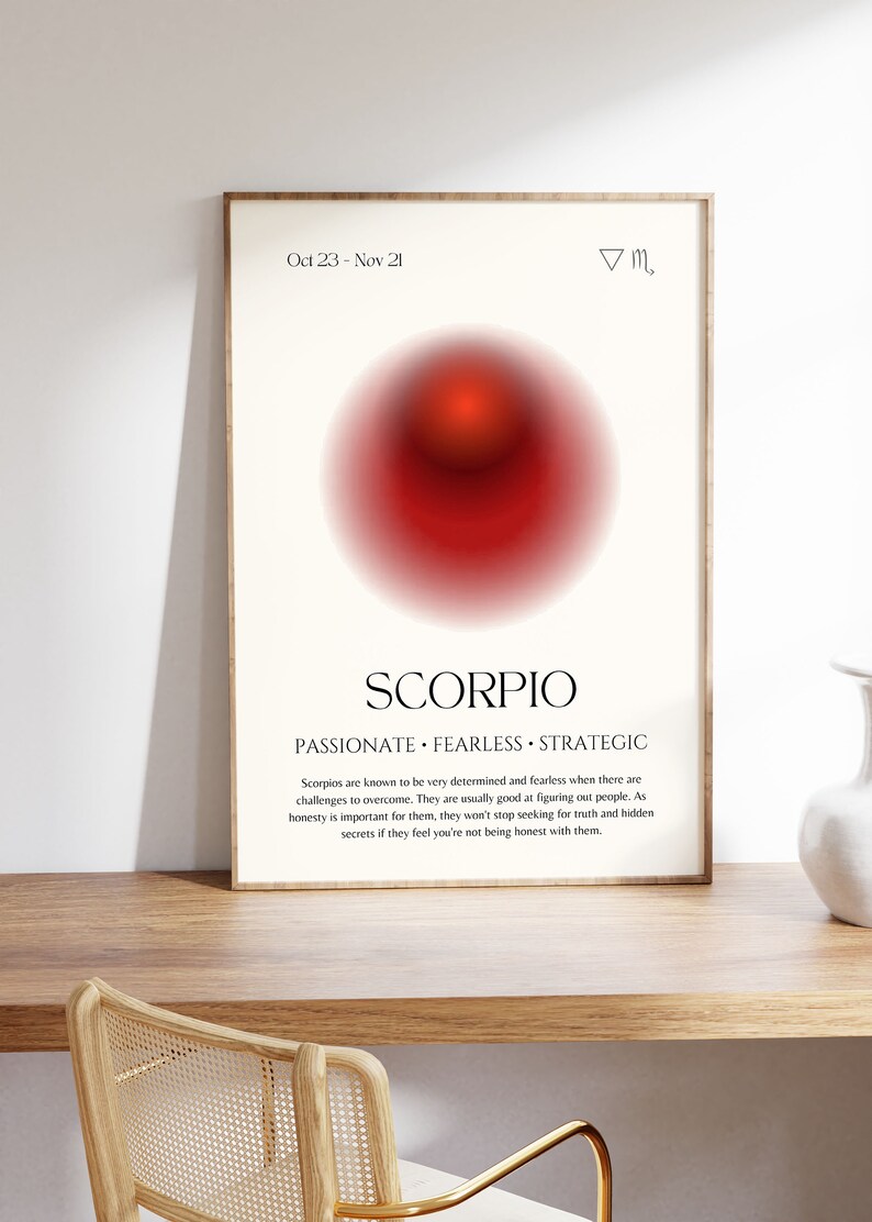 Puede incluir: Un p&oacute;ster imprimible minimalista con un c&iacute;rculo degradado rojo y el texto "SCORPIO" en negro. El texto "PASSIONATE - FEARLESS - STRATEGIC" est&aacute; debajo del c&iacute;rculo. El texto "Oct 23 - Nov 21" y el s&iacute;mbolo astrol&oacute;gico de Escorpio est&aacute;n en la esquina superior derecha.