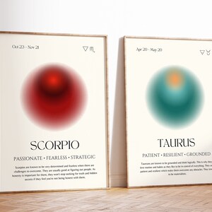 Puede incluir: Dos p&oacute;sters minimalistas con un c&iacute;rculo degradado rojo y turquesa en el centro. Los p&oacute;sters presentan los signos del zod&iacute;aco Escorpio y Tauro con sus fechas y rasgos de personalidad. El texto dice: "Escorpio: Apasionado, Intr&eacute;pido, Estrat&eacute;gico" y "Tauro: Paciente, Resistente, Aterrizado".