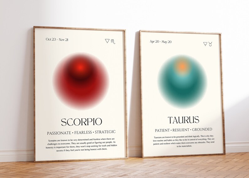 Puede incluir: Dos p&oacute;sters minimalistas con un c&iacute;rculo degradado rojo y turquesa en el centro. Los p&oacute;sters presentan los signos del zod&iacute;aco Escorpio y Tauro con sus fechas y rasgos de personalidad. El texto dice: "Escorpio: Apasionado, Intr&eacute;pido, Estrat&eacute;gico" y "Tauro: Paciente, Resistente, Aterrizado".