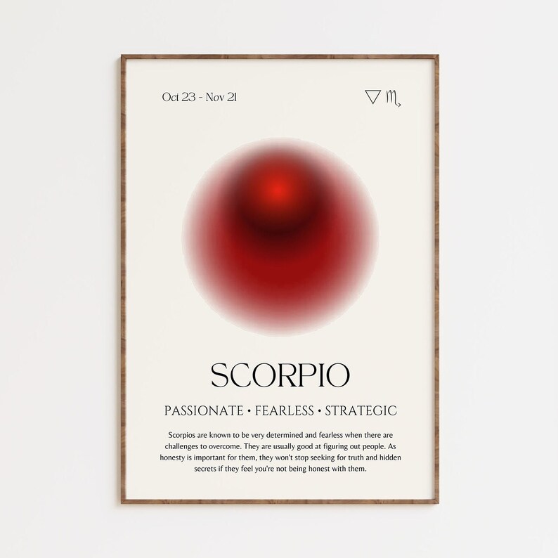 Puede incluir: Un p&oacute;ster imprimible rojo y blanco con el signo del zod&iacute;aco Escorpio. El p&oacute;ster presenta el texto "Oct 23 - Nov 21", "Escorpio", "Apasionado", "Intr&eacute;pido", "Estrat&eacute;gico", y una descripci&oacute;n de la personalidad de Escorpio.