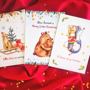 Cartes de Noël aquarelle et sceaux de cire de Noël | Enveloppes faites à la main en papier 100% recyclé | cartes de Noël vintage Animals | Cartes de Noël mignonnes