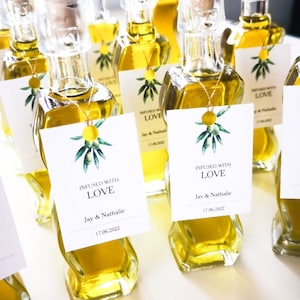 Set di bomboniere da matrimonio con olio d'oliva da 50 ml, bomboniere con olio extravergine d'oliva dalla Grecia, bomboniere con olio d'oliva infuso di erbe aromatiche con etichette. Spedizione gratuita.