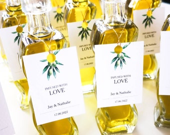 Set of 50ml Olive Oil wedding favors, Extra Virgin Olive Oil favors from Greece,Herbs Infused Olive Oil favors with tags. Free EU shipping.