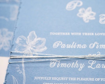 Deckled Edge Dusty Blue Wedding Invitations | Elegant Romantic Floral Wedding Invitations | Handmade Blue Invitation | Save The Date | RSVP