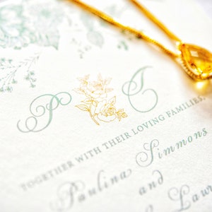 Sage Green and Gold Wedding Invitations | Gold Foil Vellum Wrap Invites | Romantic Floral Wedding Invitations | Deckled Edge | Save the date