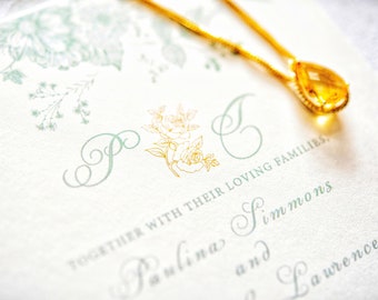 May include: A wedding invitation with a gold floral design and the text "Together with their loving families, Paulina and Simmons and Lawrence"