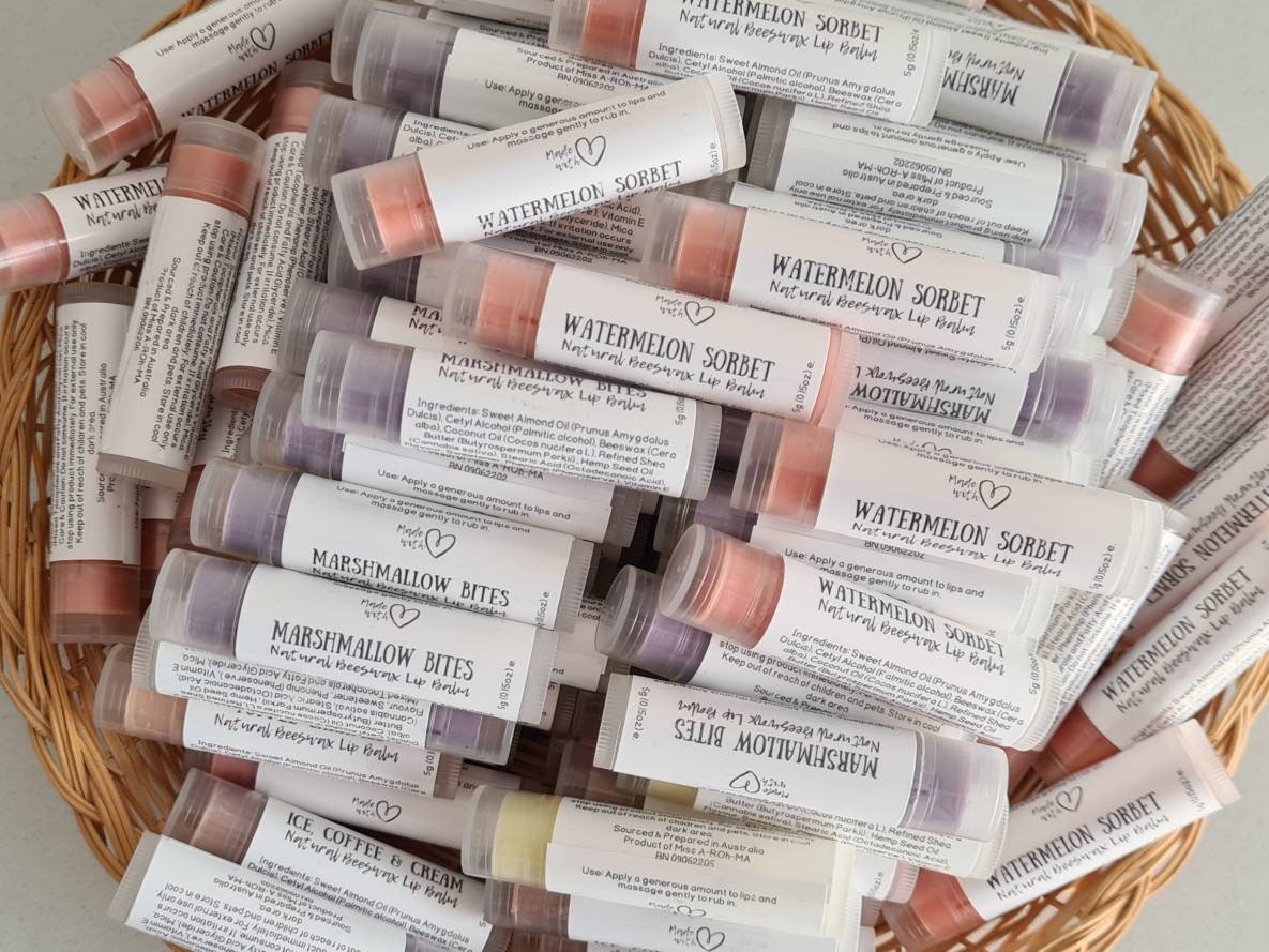 Bulk Lip Balms Custom Label | Pure Hemp Seed & Shea Butter Natural Beeswax Lip Balm | Small Gift Party Favours | Labelled | Wholesale Bulk