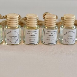 Op de afbeelding: Een verzameling kleine, heldere glazen flesjes met houten doppen en etiketten. Elk flesje bevat een ander parfum, met etiketten met de tekst "Tranquil Bloom", "Eternal Kiss", "Cranberry Woods", "Volcanic Breeze", "Citrus Drift", "Forest Orchard", "Love Potion" en "Peach Dreams".