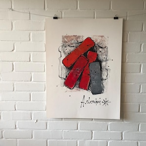 Cartel original, Aldo Donini, años 80, Strutture III, Milán, rojo, vintage, decoración, arte, Italia, diseño, gráfico, boceto, abstracto