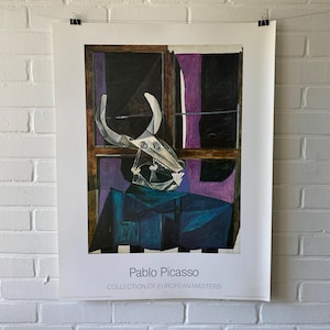 Manifesto originale, 1986, Pablo Picasso, Natura morta con teschio di toro, Artista, Arte moderna, Vintage, Spadem, Parigi, Toro, Finestra, Tavolo