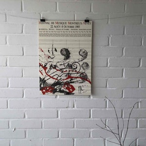 Cartel original, 1985, Festival de Musique Montreux Vevey, música, Vivaldi, Bach, Paganini, Chopin, Mozart, concierto, partituras, vintage, regalo